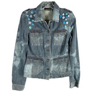 DKNY Small Jean Jacket Reworked Denim Hand Embroidered Bleached Distressed 509‎